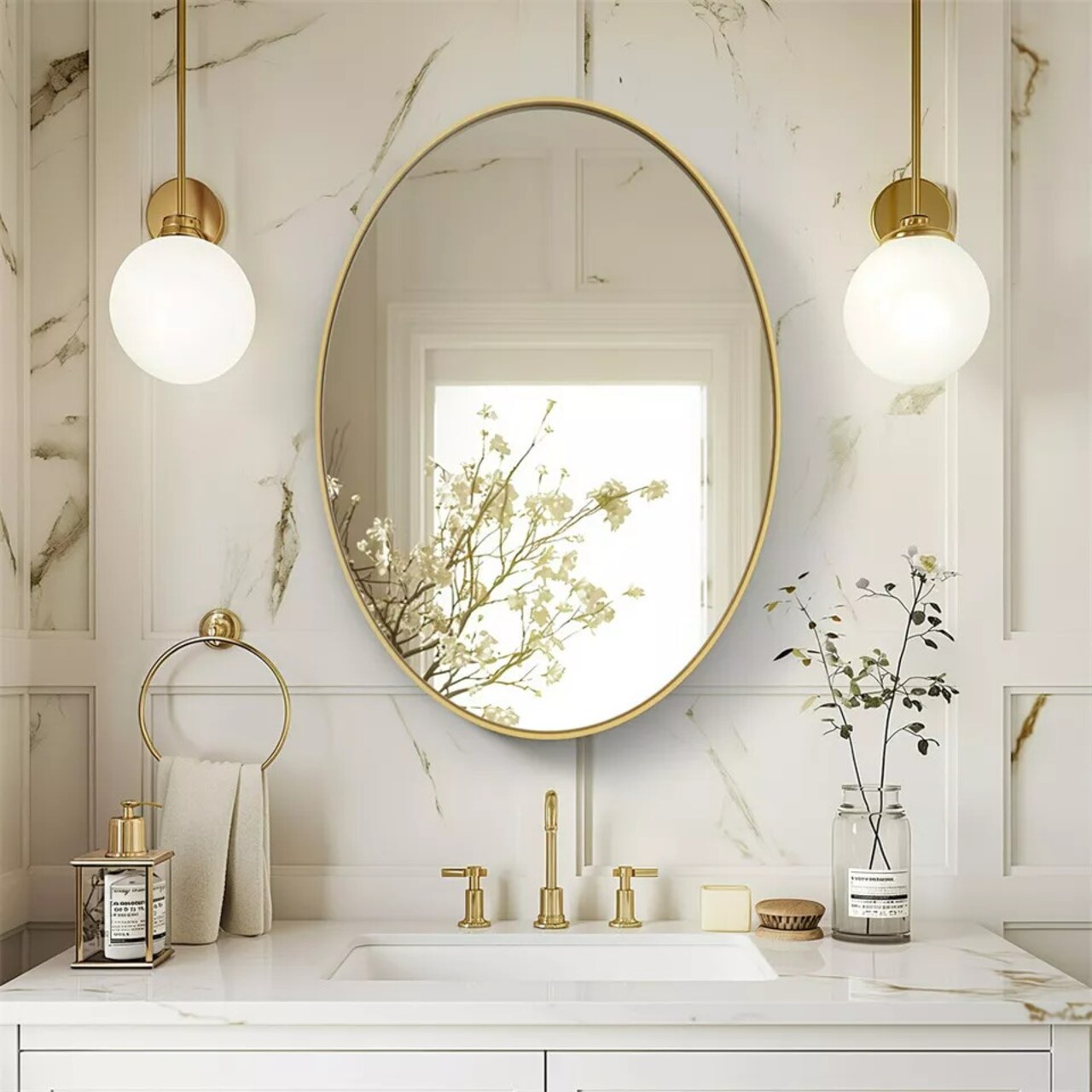 Brushed Gold Oval Mirror for Bathroom Vanity Antirust Aluminum Frame Wall Mirror